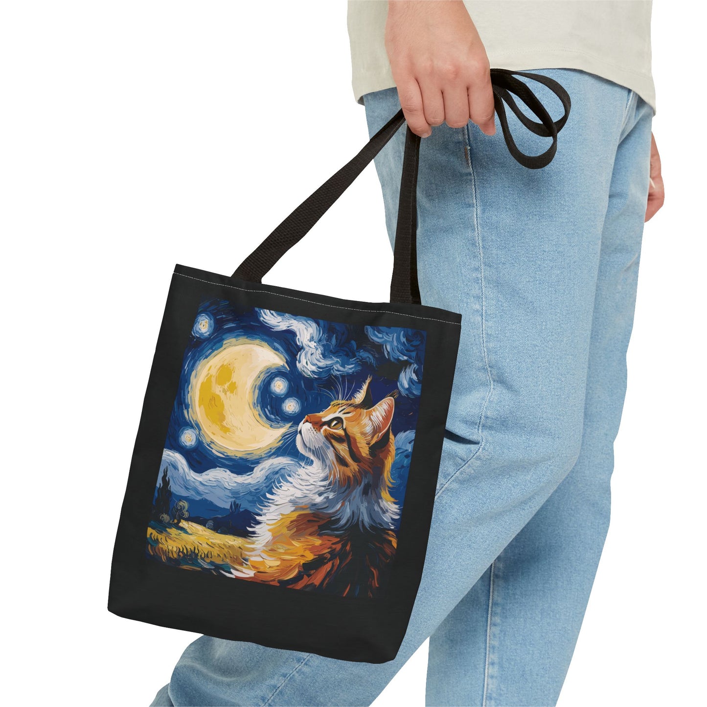 Celestial Feline: Starry Night Dreamscape Tote Bag