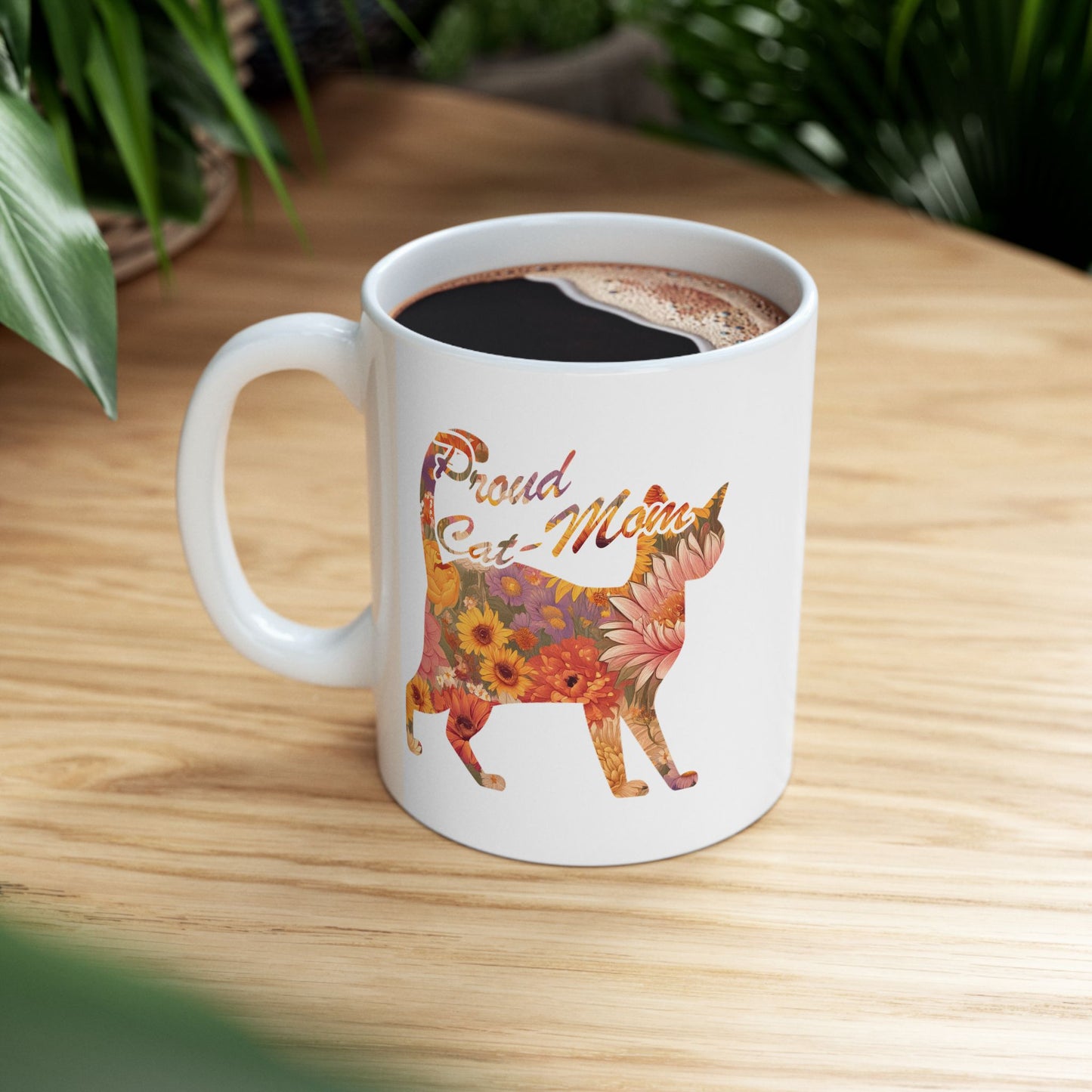 Mug - Proud Cat Mom with Floral Silhouette (White)