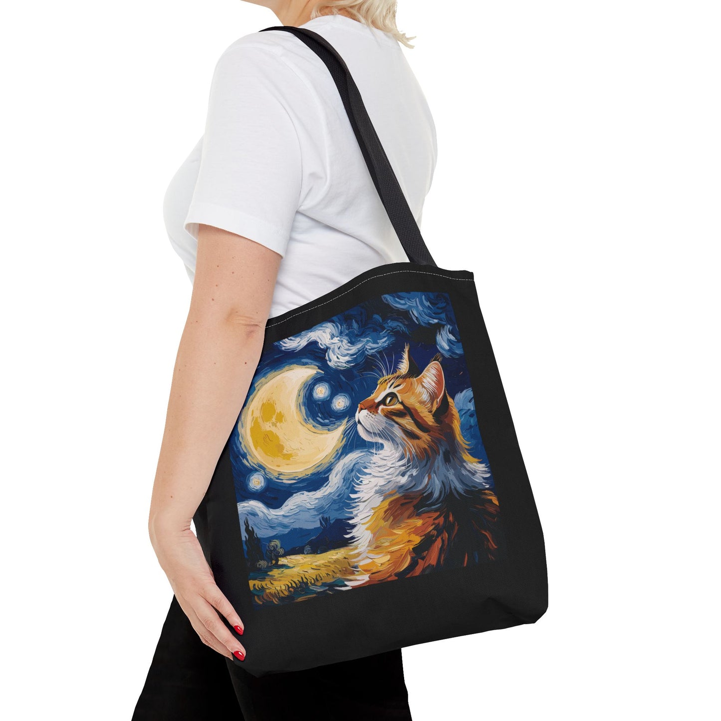 Celestial Feline: Starry Night Dreamscape Tote Bag