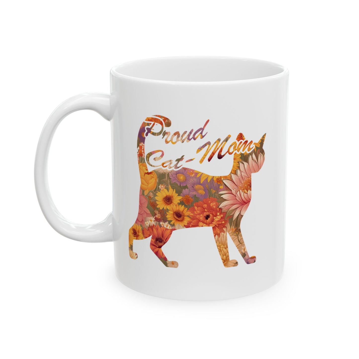 Mug - Proud Cat Mom with Floral Silhouette (White)