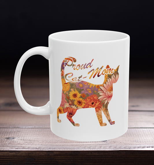 Mug - Proud Cat Mom with Floral Silhouette (White)