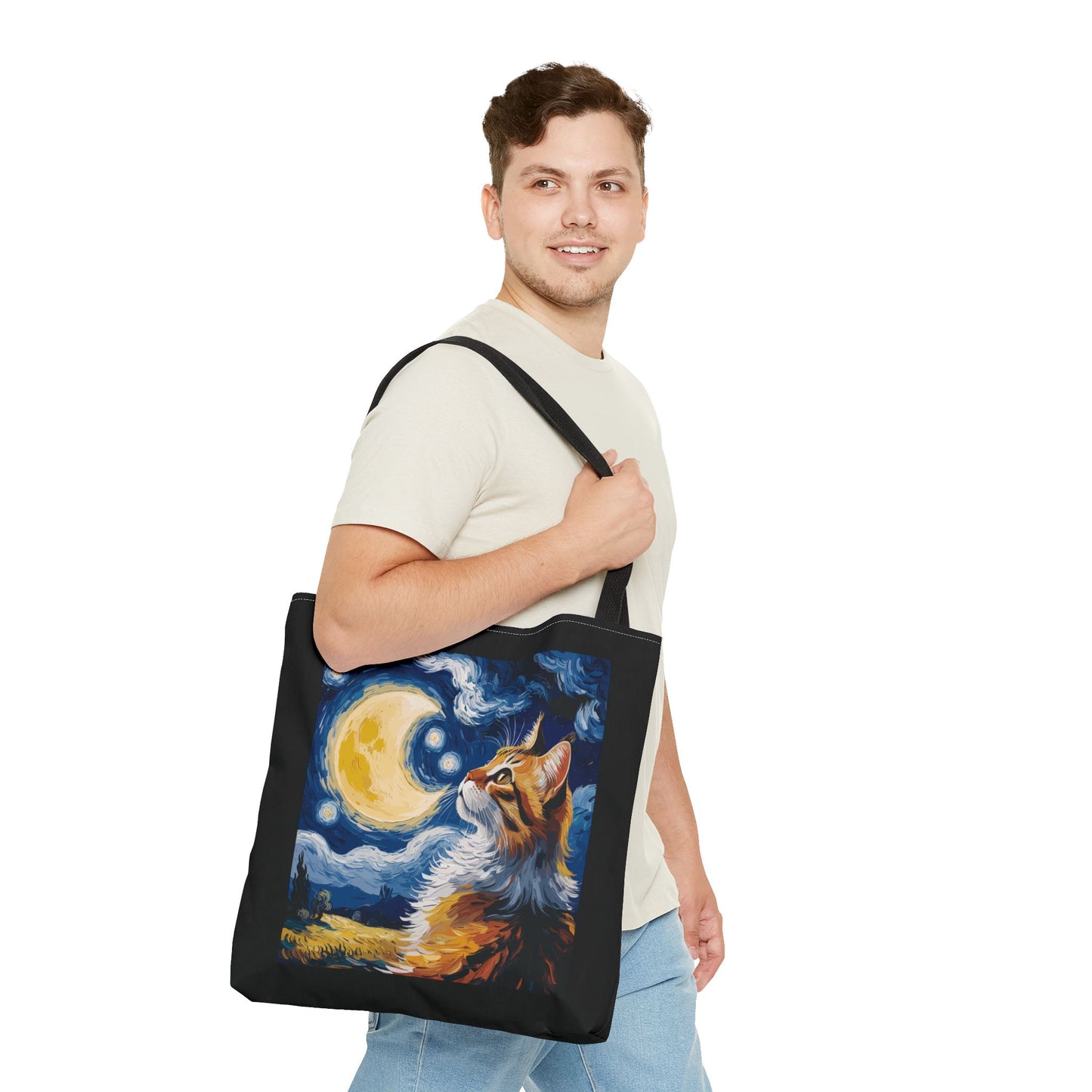 Celestial Feline: Starry Night Dreamscape Tote Bag