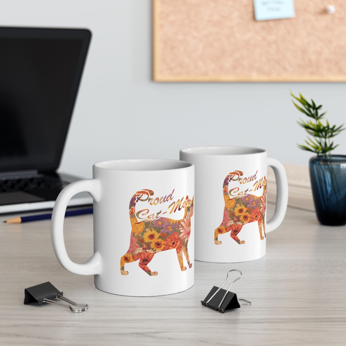 Mug - Proud Cat Mom with Floral Silhouette (White)