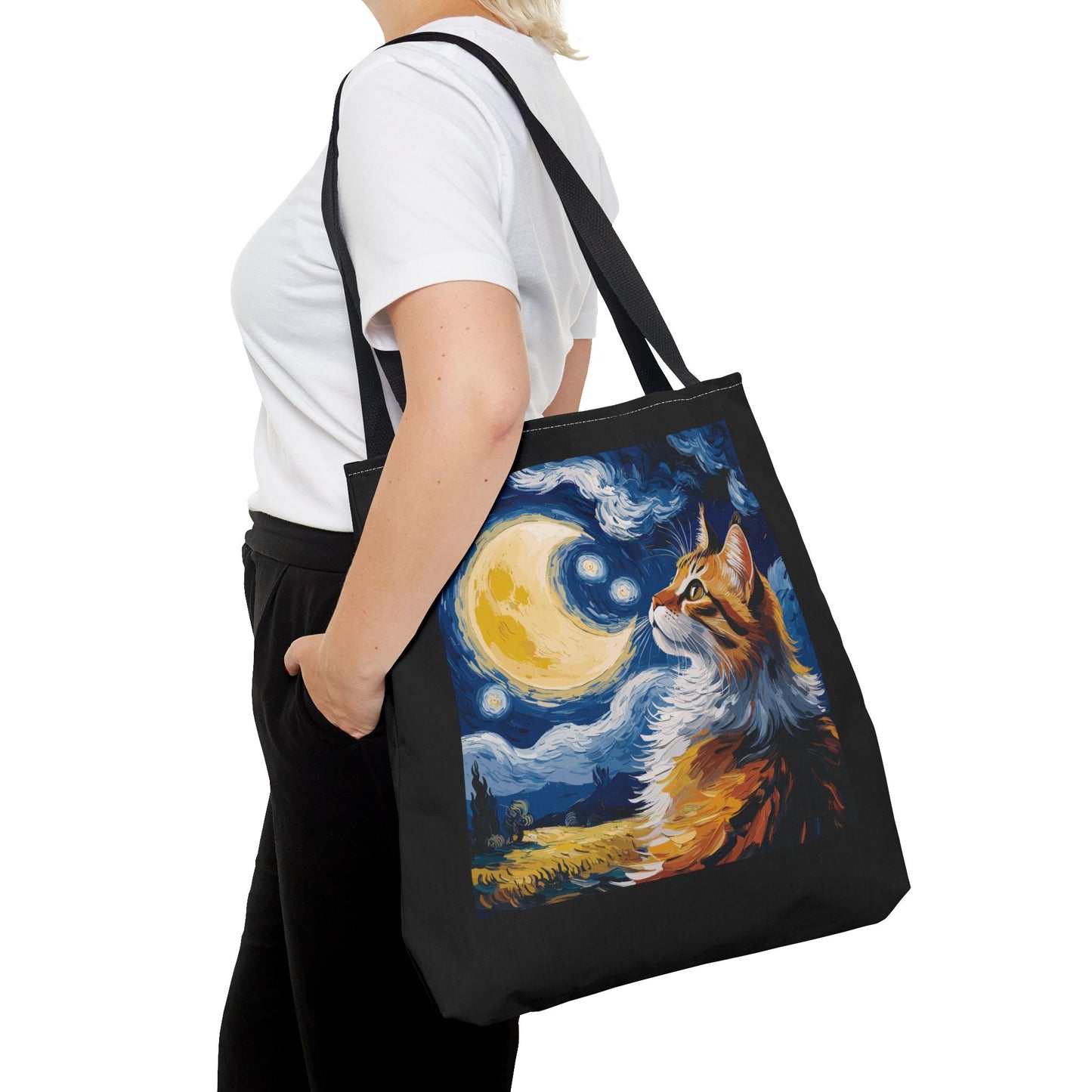 Celestial Feline: Starry Night Dreamscape Tote Bag